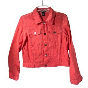 Alexandra Bartlett Coral Linen Button Up Womens Jacket Sz S Trucker Adjust Waist